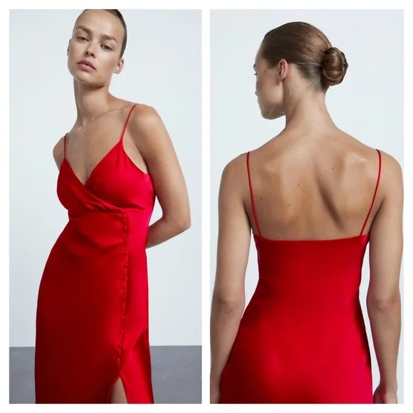 ❤️Bloggers Favorite❤️NWT Zara SATIN CAMISOLE DRESS in Red - Picture 12 of 15
